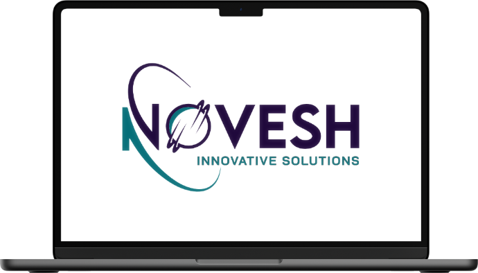 Laptop displaying Novesh logo on screen