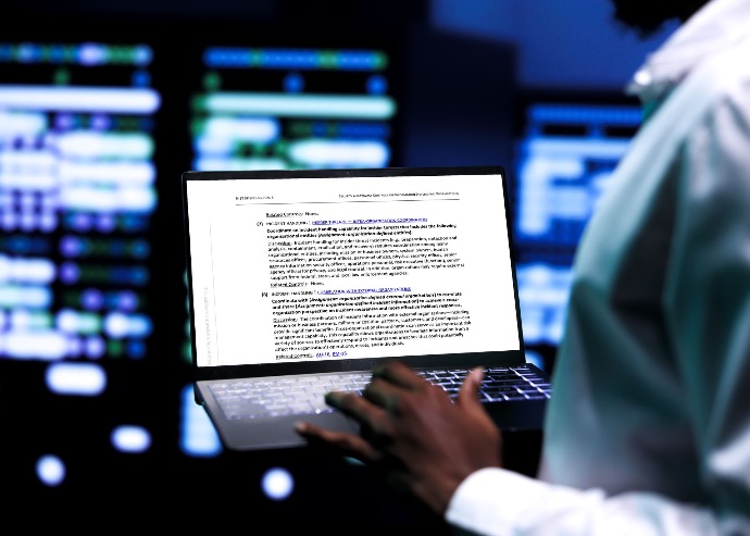 Cybersecurity professional reading policy information from their laptop
