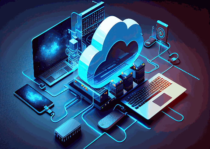 Illustration of a cloud with various icons representing technological components