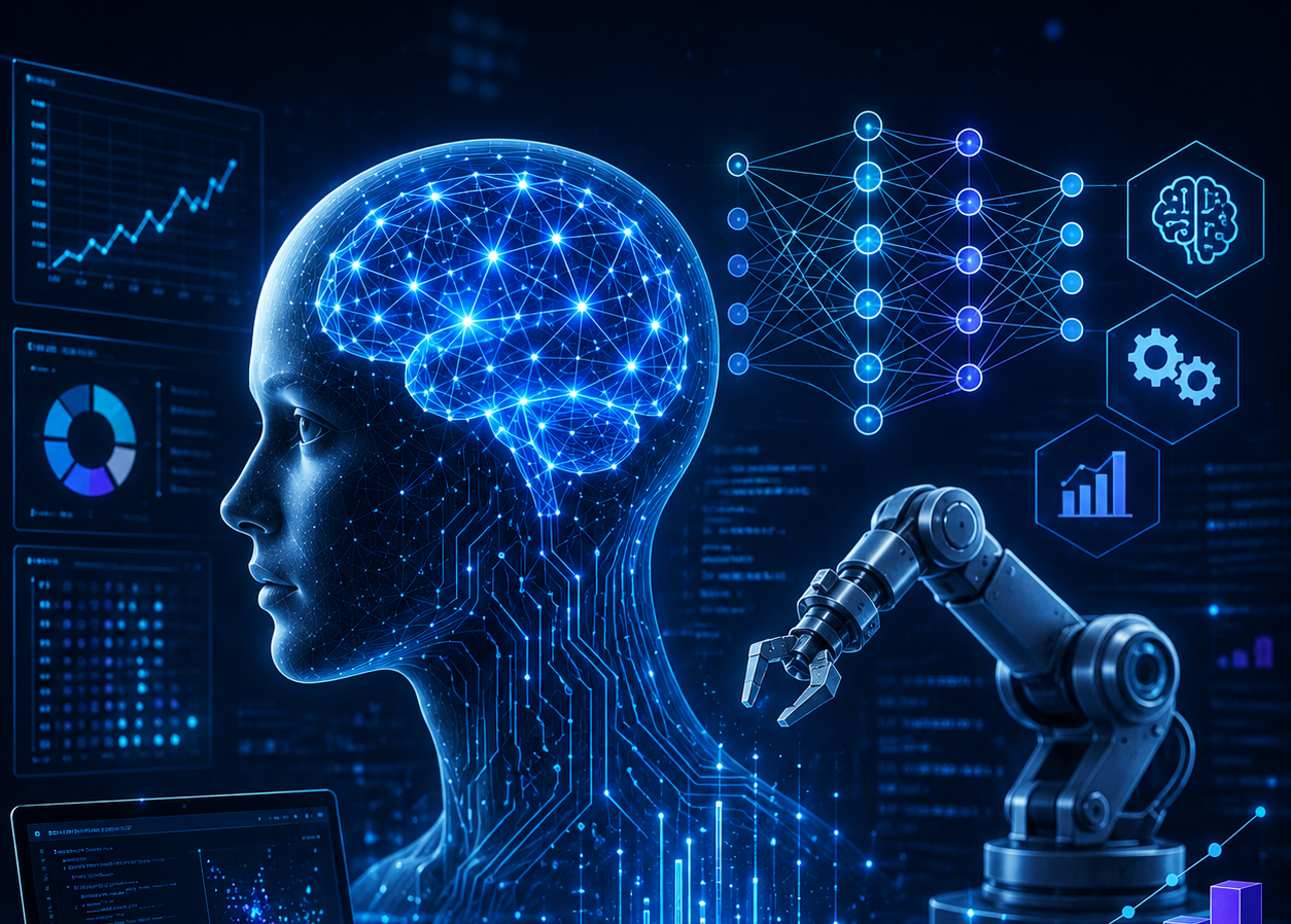 Futuristic AI and machine learning visualization featuring a digital human head, neural network graphics, robotic automation, data analytics dashboards, and intelligent technology systems